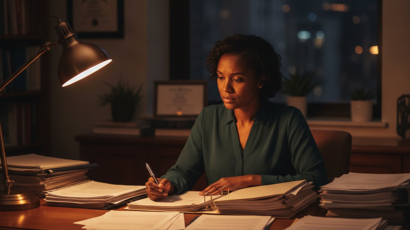 A Qualified Professional reviewing clinical charts by lamplight after hours